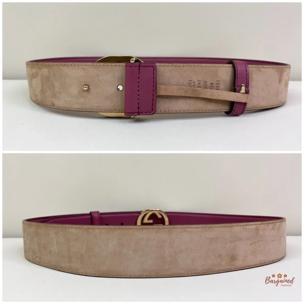 Authentic Gucci Pink Calfskin Leather Gold Interlocking G Buckle Belt 85/34 - Picture 7 of 12